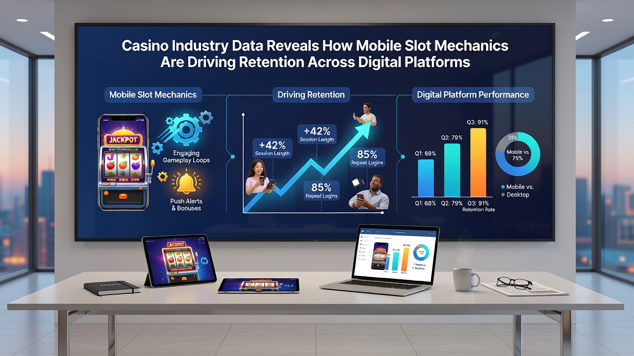 Analytics dashboard displaying retention metrics and player engagement data for mobile slots