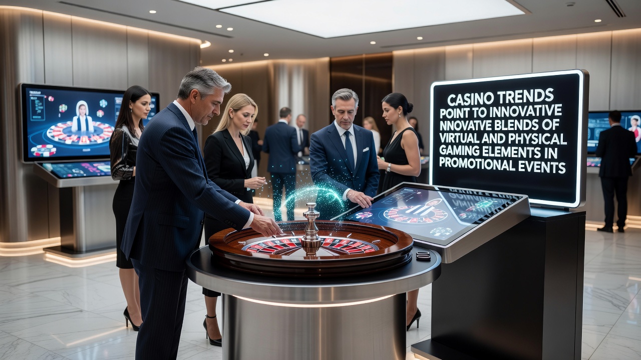 Innovative casino promotional event blending virtual reality headsets with physical gaming tables in a modern venue