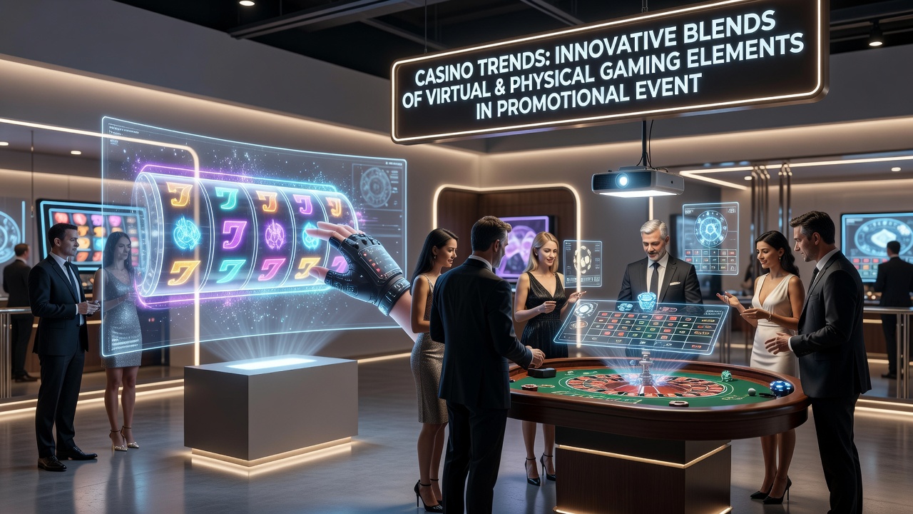 Hybrid casino event showing physical poker tables enhanced with virtual reality projections and digital scoreboards