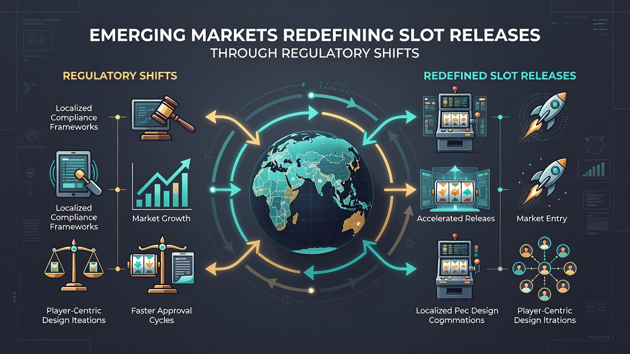 Developers reviewing compliance checklists and server infrastructure diagrams for emerging market slot releases