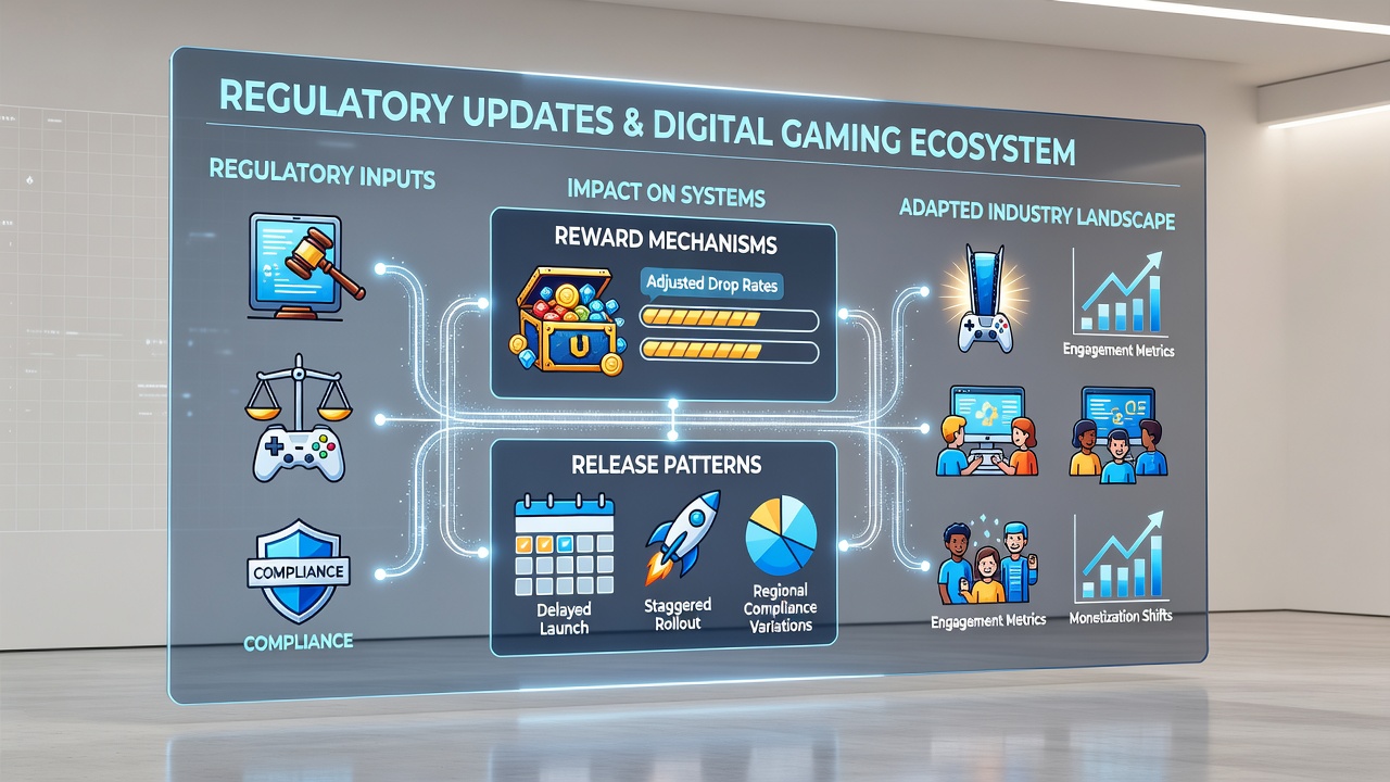 Game development team reviewing regulatory compliance for new digital releases