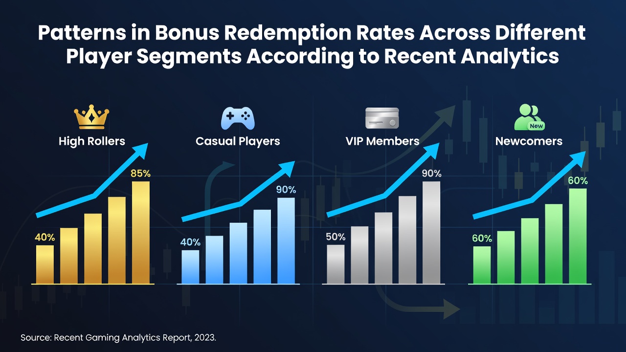 Analytics dashboard displaying bonus redemption rates segmented by player types including new users, high rollers, and casual participants