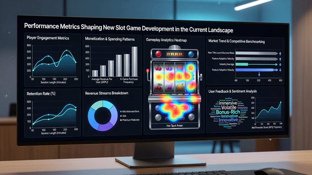 Team of analysts reviewing slot game performance charts and player retention graphs in a modern studio