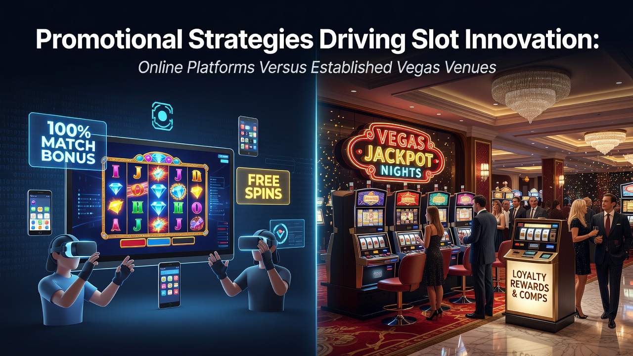 Comparison of slot machine interfaces showing online digital displays alongside physical Vegas casino floors