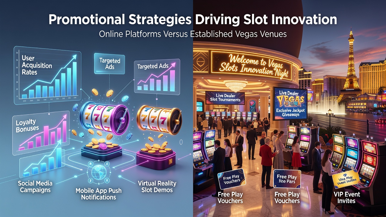 Las Vegas casino slot floor with promotional signage and players engaging with modern machines