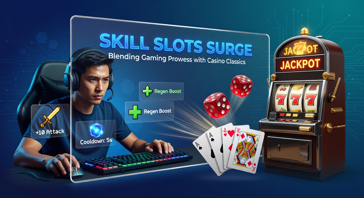 Vibrant skill-based slot machine display merging video game graphics with casino reels, showing players engaging with interactive elements