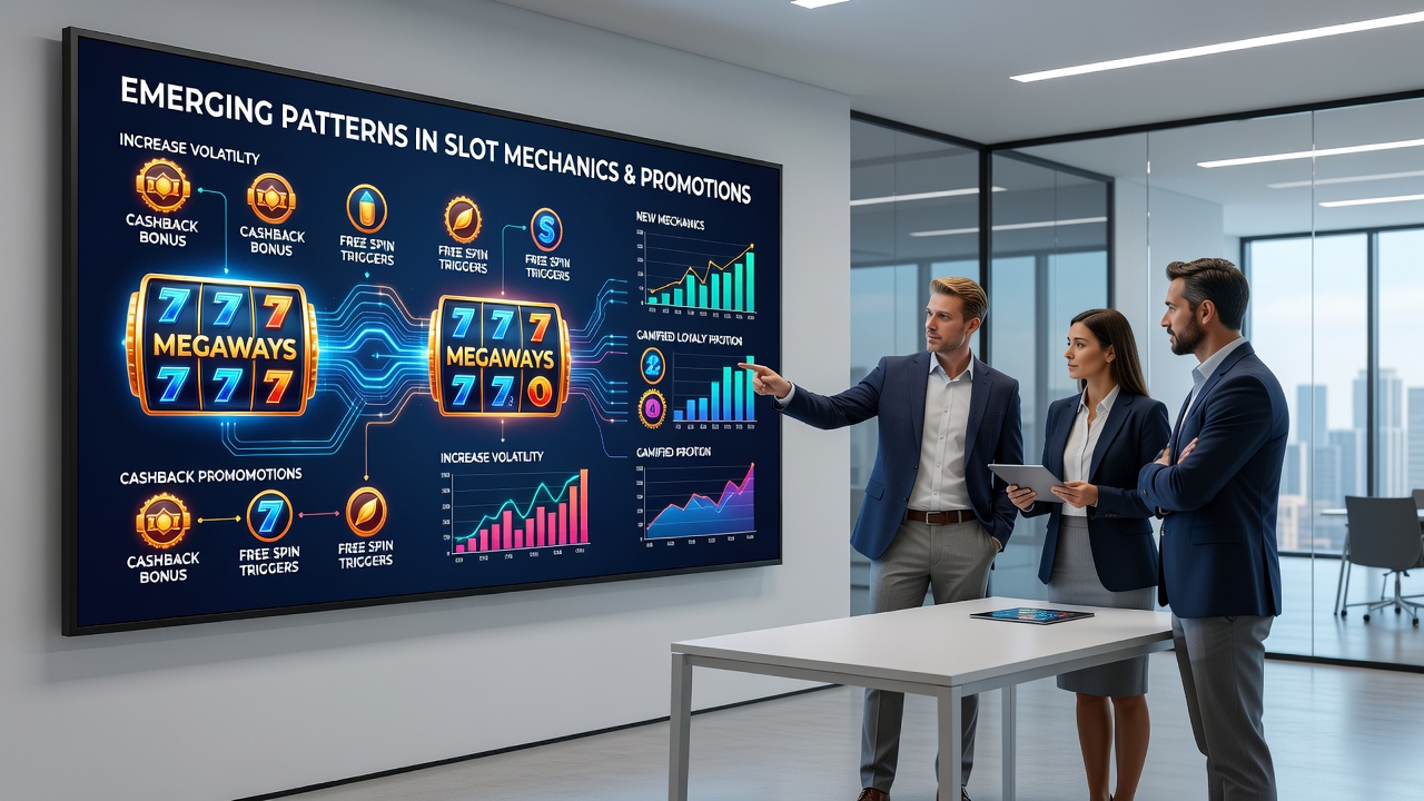 Digital interface showing slot game analytics dashboard with promotion tracking metrics and player engagement graphs